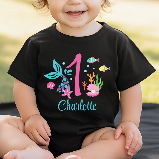 Girl 1st Birthday Mermaid Tail Sea Personalised Baby T-Shirt (Creator Uploaded)
