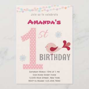 Girl 1st Birthday Party Invitation Bird Pink