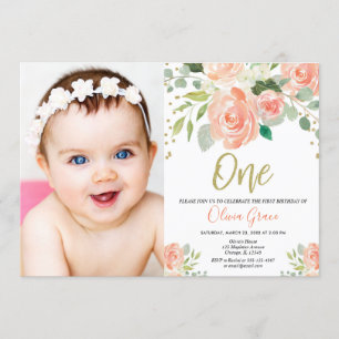 Girl 1st birthday peach gold watercolors invitation