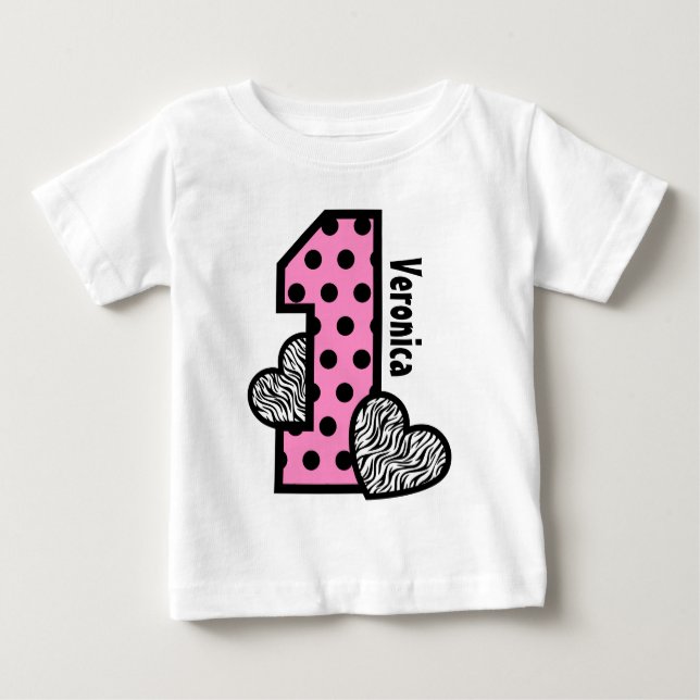 GIRL 1st Birthday PINK Polka Dots Zebra Hearts Baby T-Shirt (Front)