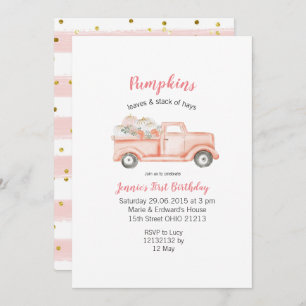 Girl 1st Birthday Pink Pumpkin Truck Birthday Invitation