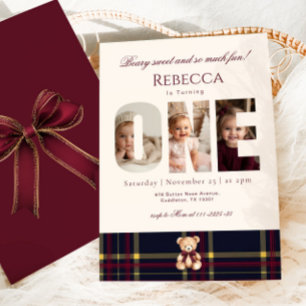 Girl 1st Birthday Teddy Bear Photo Winter Invitation