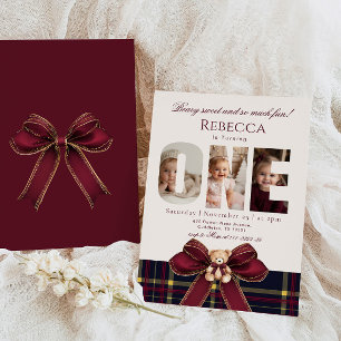 Girl 1st Birthday Teddy Bear Photo Winter Invitation