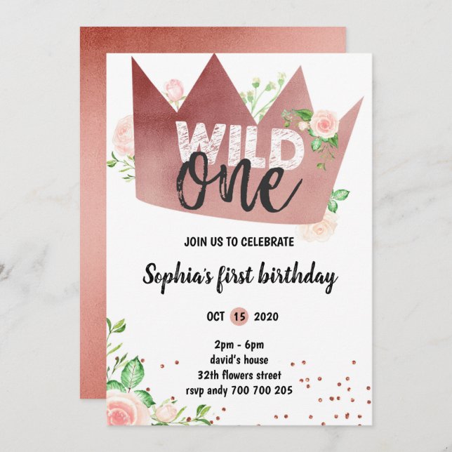 Girl 1st Birthday WILD ONE Rose Gold Foil Crown Invitation (Front/Back)