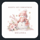 Girl 1st Christmas Pink Snowman Square Sticker<br><div class="desc">Christmas card with pink little snow girl and poinsettia</div>