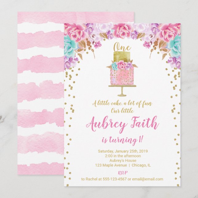 Girl 1st first birthday party cake pink gold invitation (Front/Back)