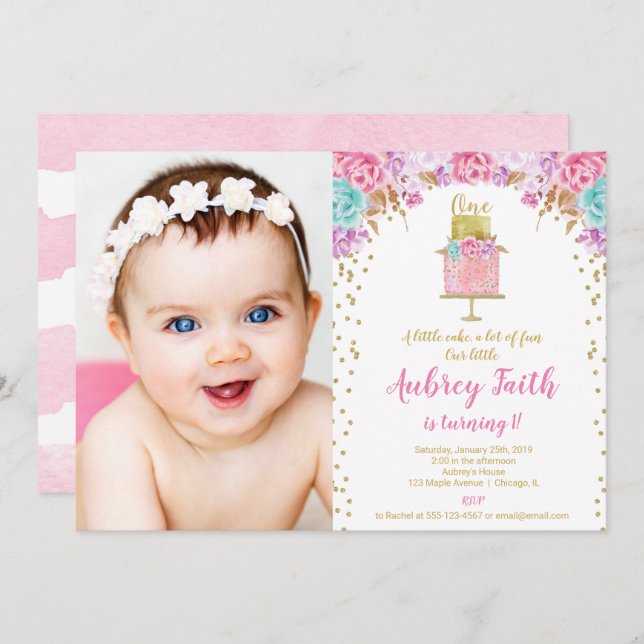 Girl 1st first birthday pink gold cake photo invitation (Front/Back)