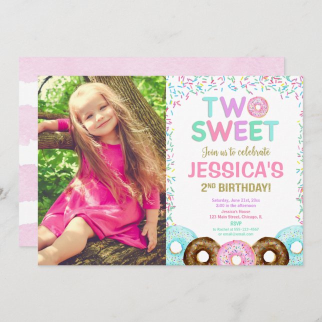 Girl 2nd birthday party, doughnut sprinkles Two sw Invitation (Front/Back)