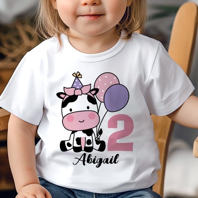 Girl 2nd Birthday Personalised Cow Pink Balloons Baby T-Shirt (Creator Uploaded)