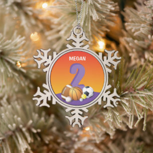 Girl 2nd Birthday Sports Balls Snowflake Pewter Christmas Ornament