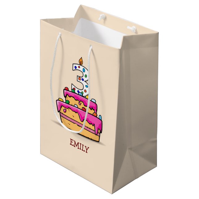 Girl 3rd Birthday, 3 on Sweet Pink Cake Medium Gift Bag (Front Angled)