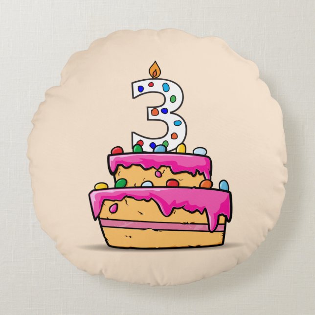 Girl 3rd Birthday, 3 on Sweet Pink Cake Round Cushion (Front)