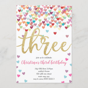 Girl 3rd Birthday Hearts Confetti Rainbow Glitter Invitation