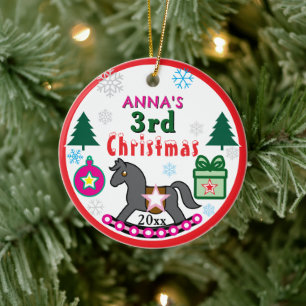 Girl 3rd Christmas PHOTO Pink Gray Horse Ceramic Ornament