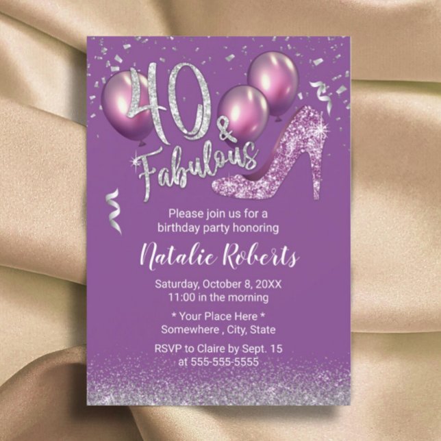 Girl 40th Birthday Modern Purple Fabulous 40 Invitation (Creator Uploaded)