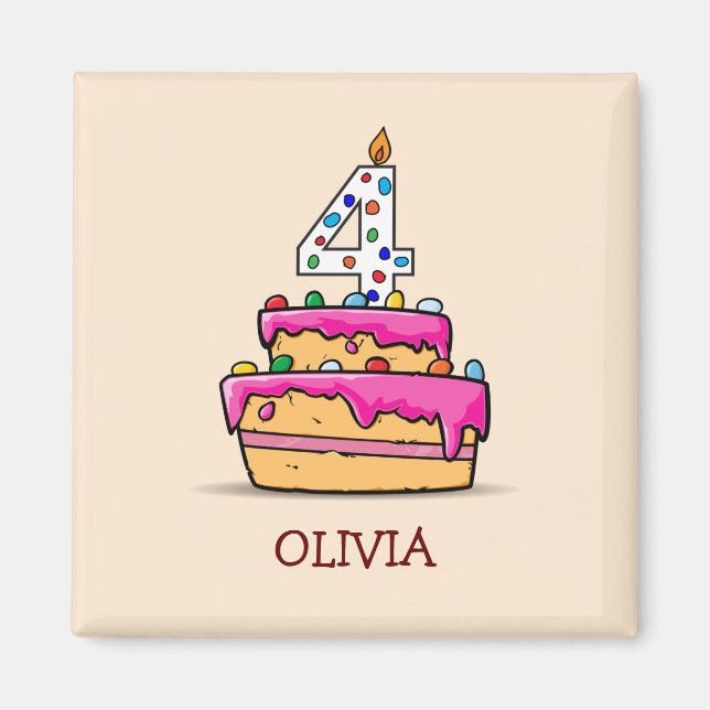 Girl 4th Birthday, 4 on Sweet Pink Cake Magnet (Front)