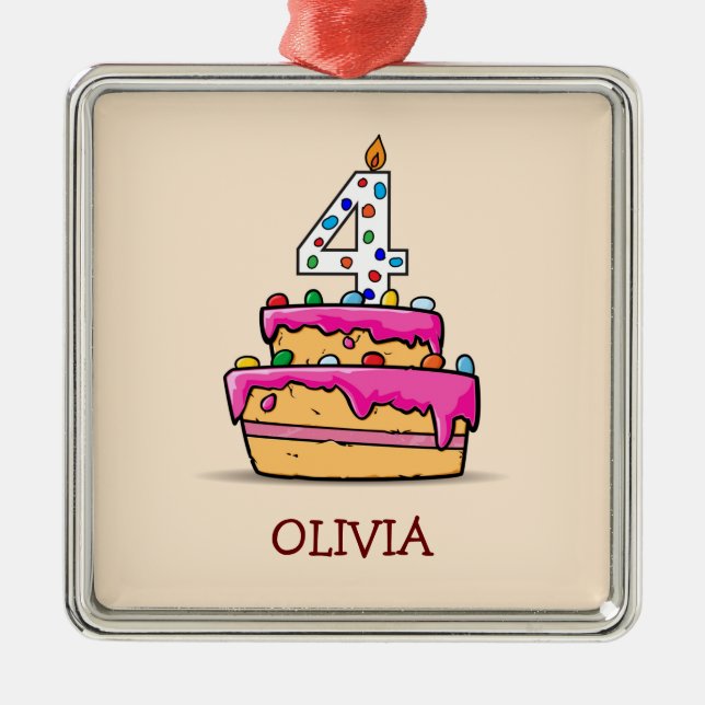 Girl 4th Birthday, 4 on Sweet Pink Cake Metal Ornament (Front)