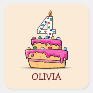 Girl 4th Birthday, 4 on Sweet Pink Cake Square Sticker