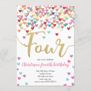 Girl 4th Birthday Hearts Confetti Rainbow Glitter Invitation