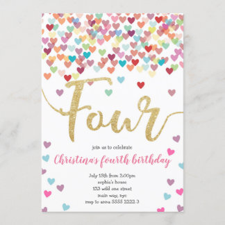 Girl 4th Birthday Hearts Confetti Rainbow Glitter Invitation