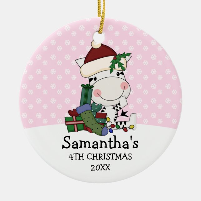 Girl 4th Christmas Santa Zebra Personalised Ceramic Tree Decoration (Front)