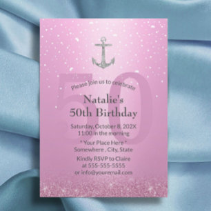 Girl 50th Birthday Party Pink & Silver Anchor Invitation
