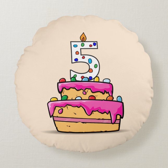 Girl 5th Birthday, 5 on Sweet Pink Cake Round Cushion (Front)