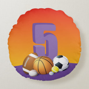 Girl 5th Birthday Sports Balls Round Cushion