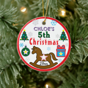Girl 5th Christmas Horse Tree PHOTO Ceramic Ornament