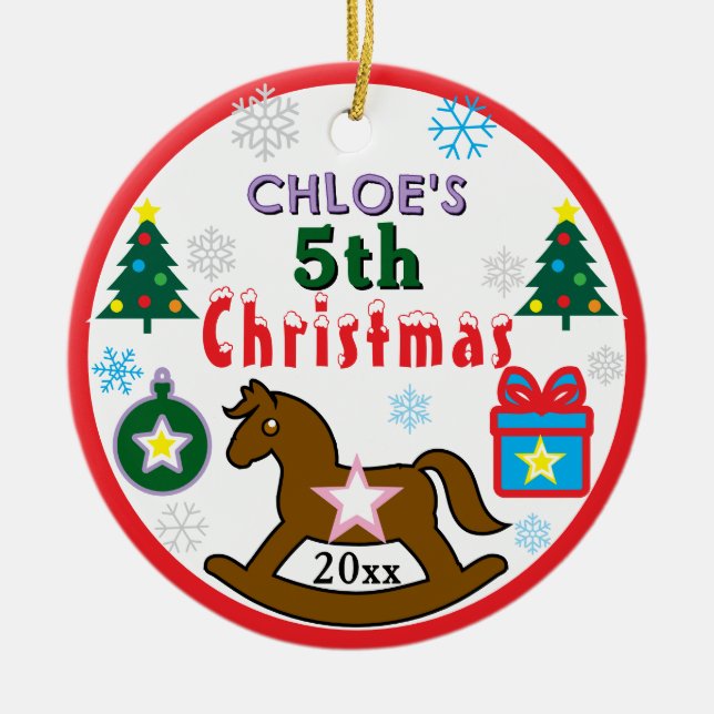 Girl 5th Christmas Horse Tree PHOTO Ceramic Ornament (Front)