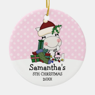 Girl 5th Christmas Santa Zebra Personalised Ceramic Ornament