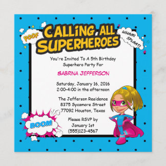 Girl 5x5 Comic Superhero Birthday Party Invitation
