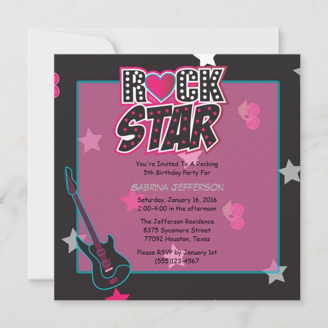 Girl 5x5 Pink Rock Star Birthday Party Invitation (Front)