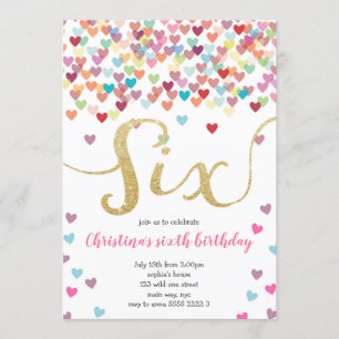 Girl 6th Birthday Hearts Confetti Rainbow Glitter Invitation