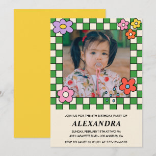 Girl 6th birthday invitations Retro Groovy Flowers