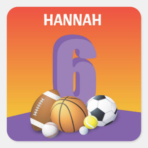 Girl 6th Birthday Sports Balls Square Sticker