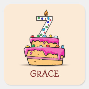 Girl 7th Birthday, 7 on Sweet Pink Cake Square Sticker