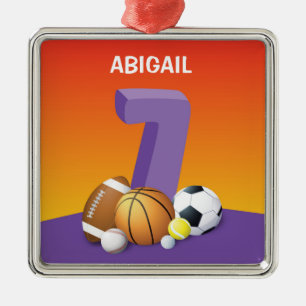 Girl 7th Birthday Sports Balls Metal Ornament