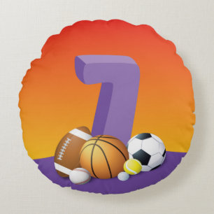 Girl 7th Birthday Sports Balls Round Cushion