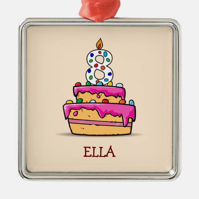 Girl 8th Birthday, 8 on Sweet Pink Cake Metal Ornament (Front)