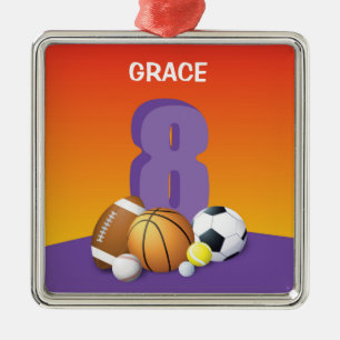 Girl 8th Birthday Sports Balls Metal Ornament