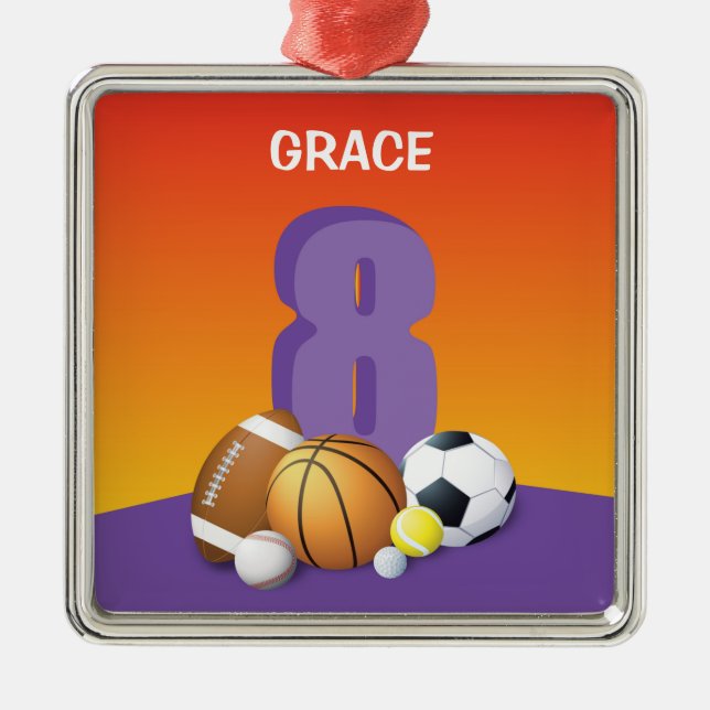 Girl 8th Birthday Sports Balls Metal Ornament (Front)