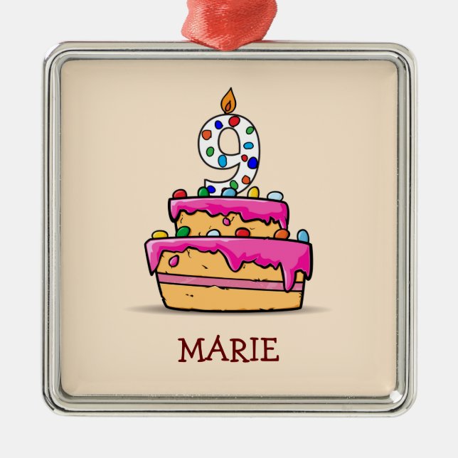 Girl 9th Birthday, 9 on Sweet Pink Cake Metal Ornament (Front)