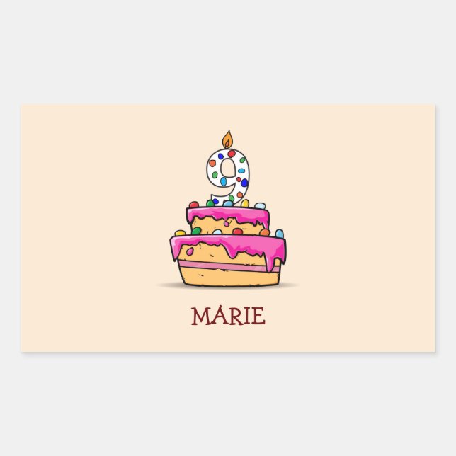 Girl 9th Birthday, 9 on Sweet Pink Cake Rectangular Sticker (Front)