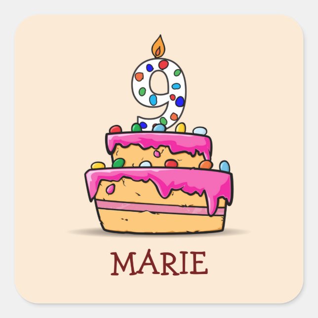 Girl 9th Birthday, 9 on Sweet Pink Cake Square Sticker (Front)