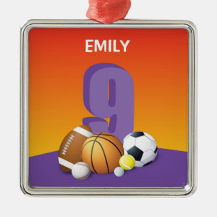 Girl 9th Birthday Sports Balls Metal Ornament