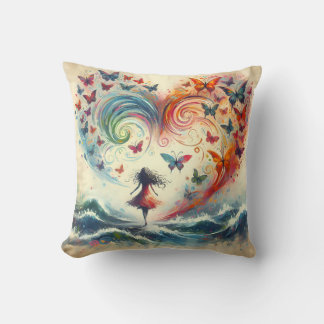 Girl above ocean waves with Butterflies  Cushion