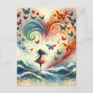Girl above ocean waves with Butterflies Postcard