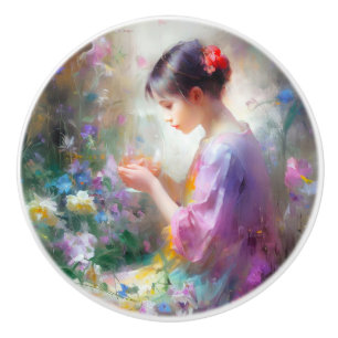 Girl admiring a flower in her hands ceramic knob