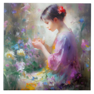 Girl admiring a flower in her hands ceramic tile